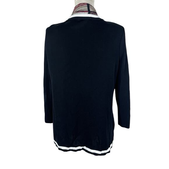 Misook Cardigan Open Front Drape Sweater Black Purple Tan Trim Size Small - Picture 3 of 6